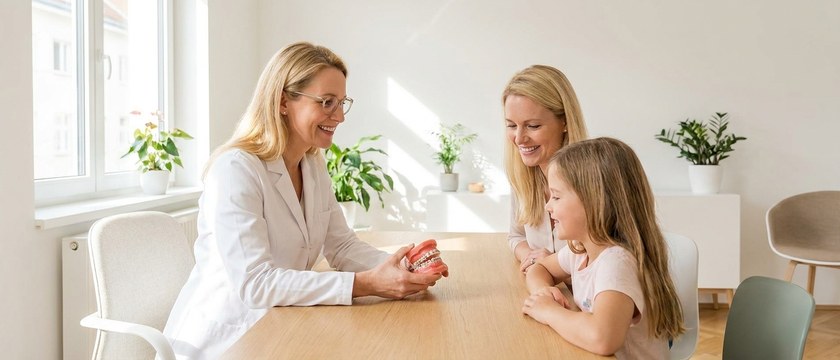 Beratungsgespräch zur Gratis Zahnspange: Kieferorthopädin erklärt Mutter und Kind die Behandlung