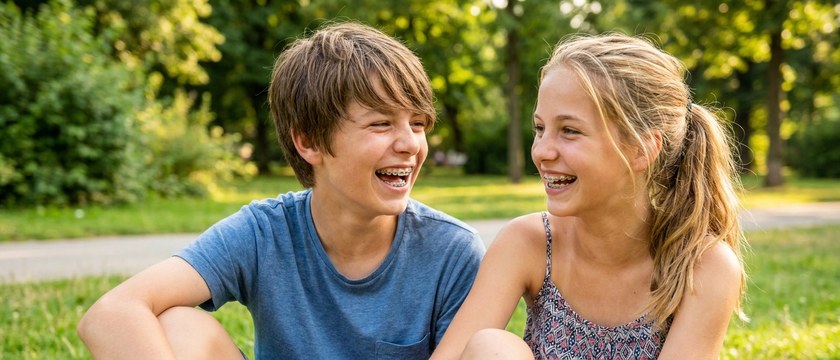 Two laughing teenagers with fixed braces in Vienna